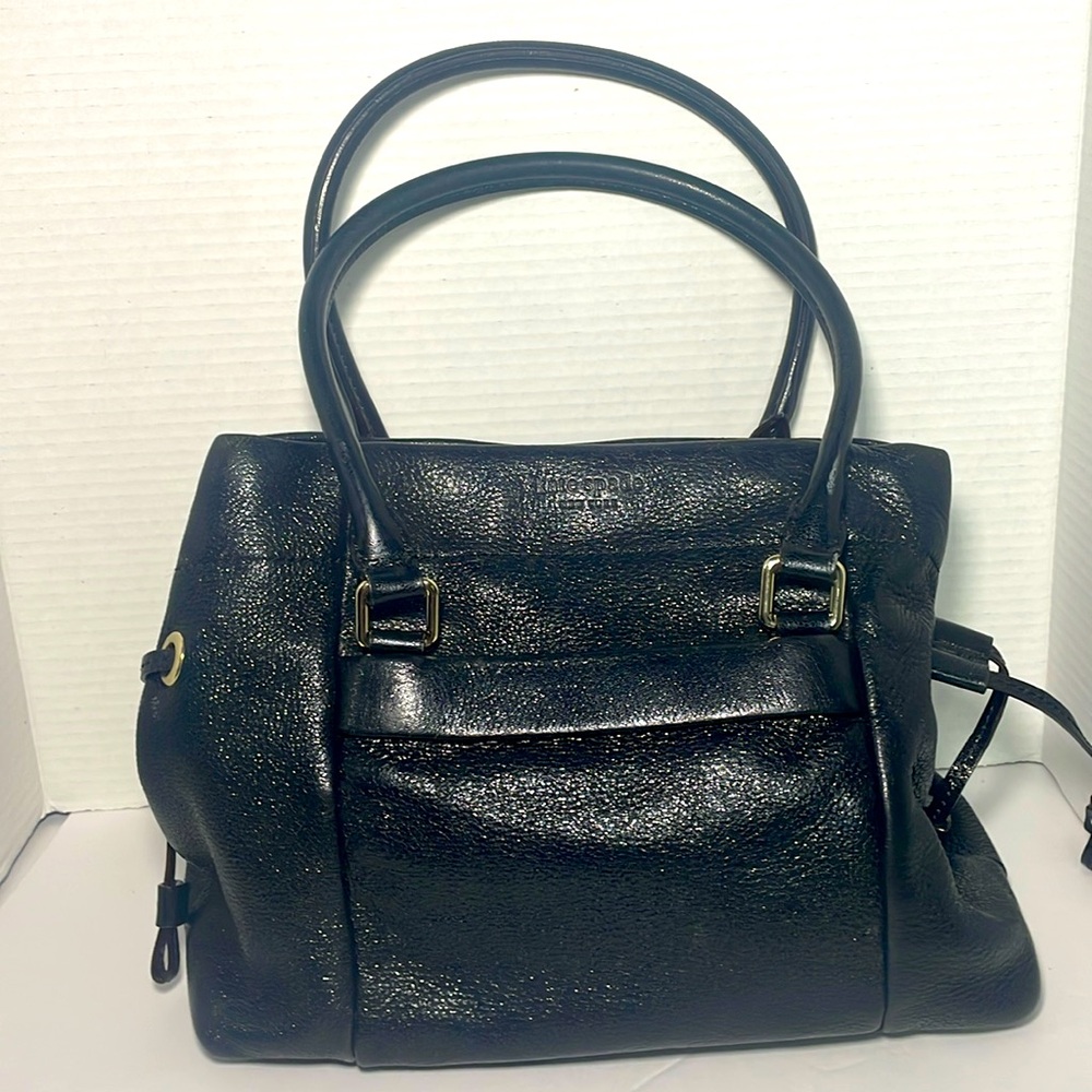 Kate Spade Soft Black Glittery Leather Shoulder Bag With Side Drawstring Closure